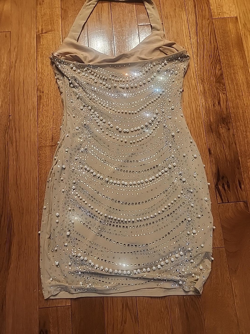 Beaded Halter Mini Dress Tan Champagne Size Large - Picture 4 of 4